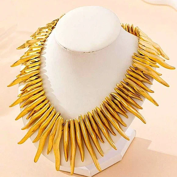 Gold Fringe Statement Choker Tassel Spiked Necklace - Picture 5 of 6